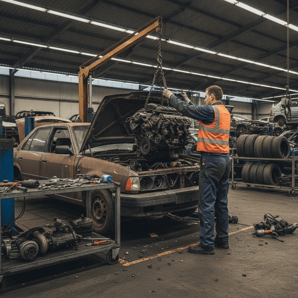 Car being dismantled for parts at a New Zealand wrecking yard